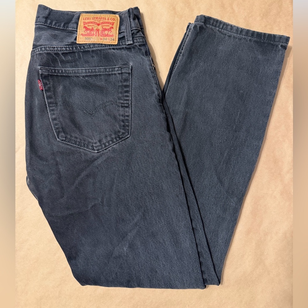 Levis 505 Jeans Mens 34x34 Black Denim Regular Fit Straight Leg USA